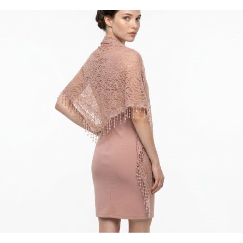 Women’s Pink Lace Triangle Shawl or Mantilla with Fringe Trim 64” X 18”